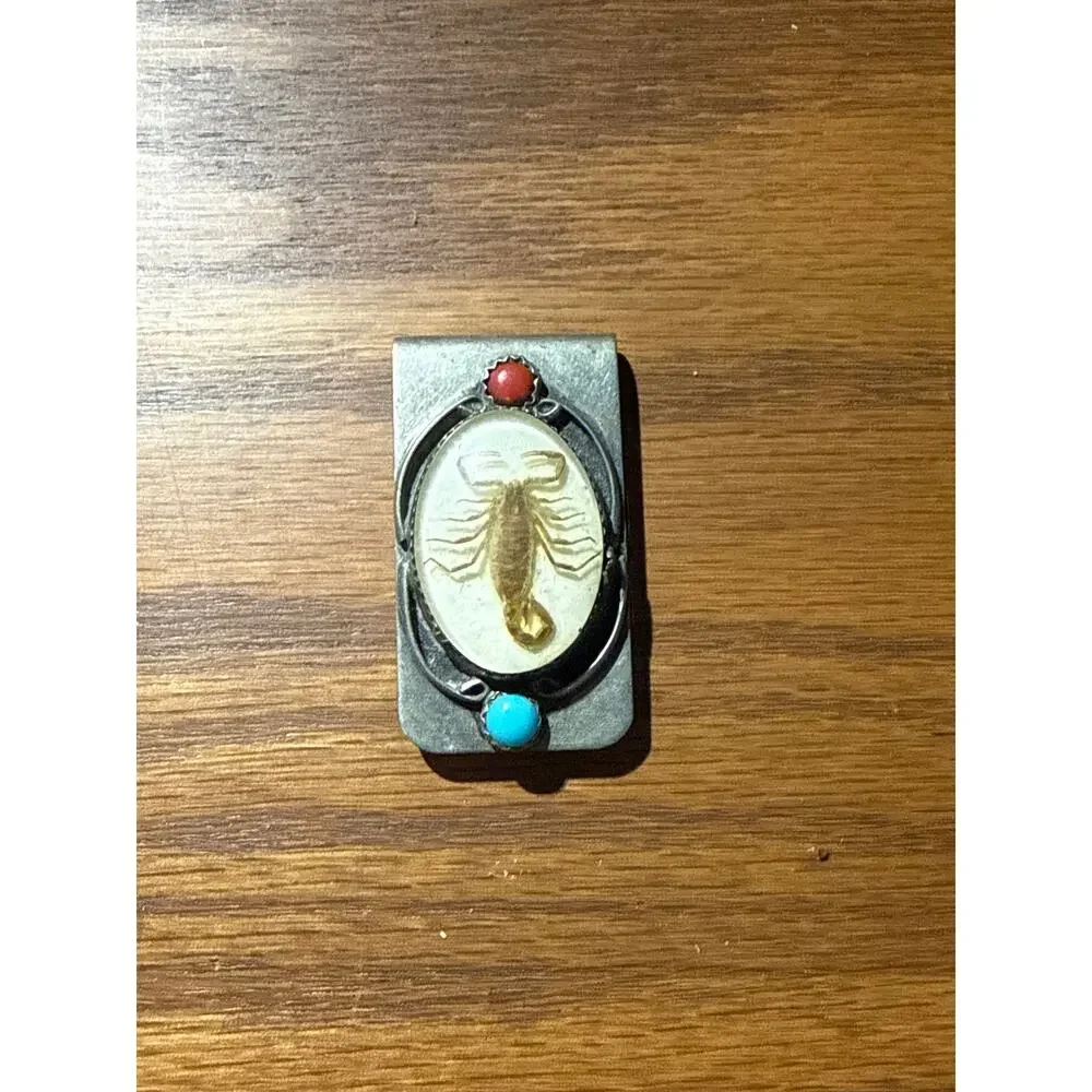 Vintage Southwestern Scorpion Money Clip Turquoise Coral Color Accents